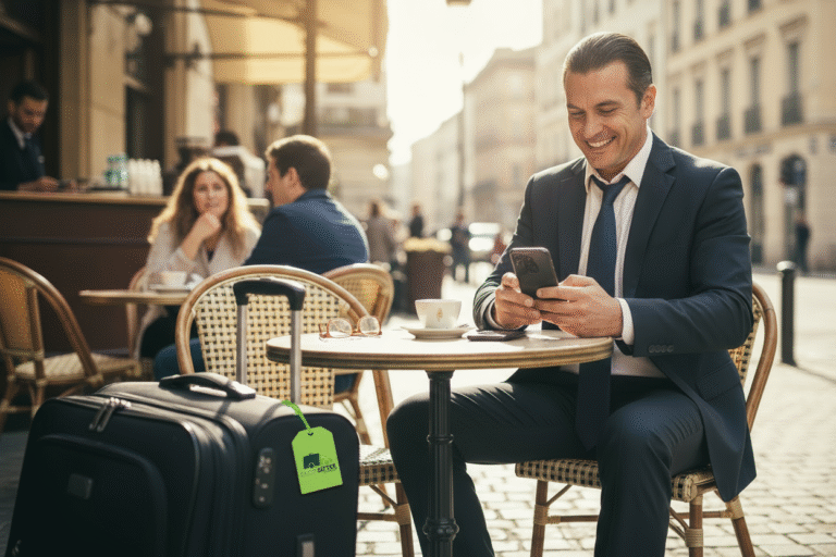 A traveller booking luggage delivery on his phone at a café